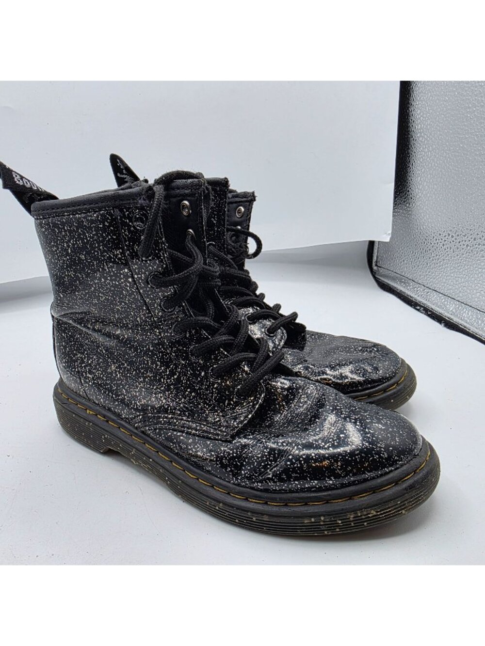 Dr. Martens Glitter Black Boots Youth Size 1 Durable Lace-Up Side Zipper Combat